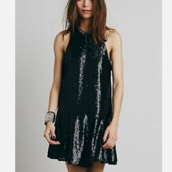 Free People Women's Medium Black Dress Liquid Shine Sequin Keyhole Back Mini - Picture 1 of 6